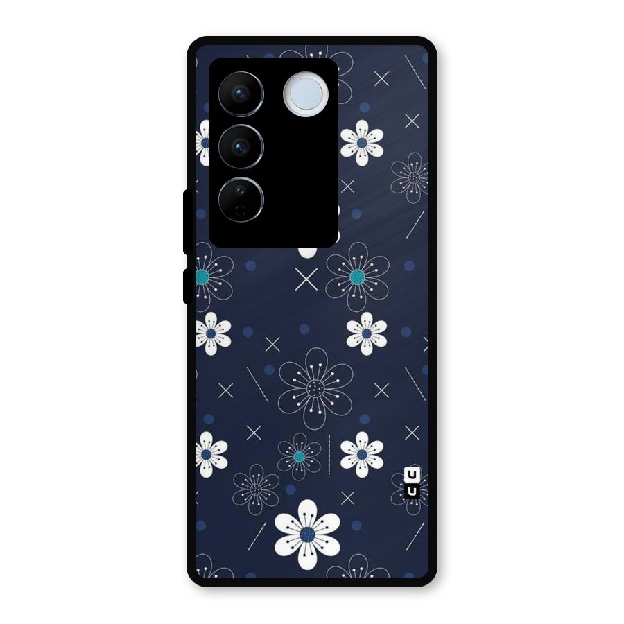 White Floral Shapes Metal Back Case for Vivo V27