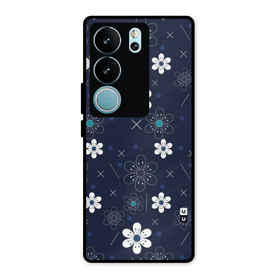 White Floral Shapes Metal Back Case for Vivo V29 Pro