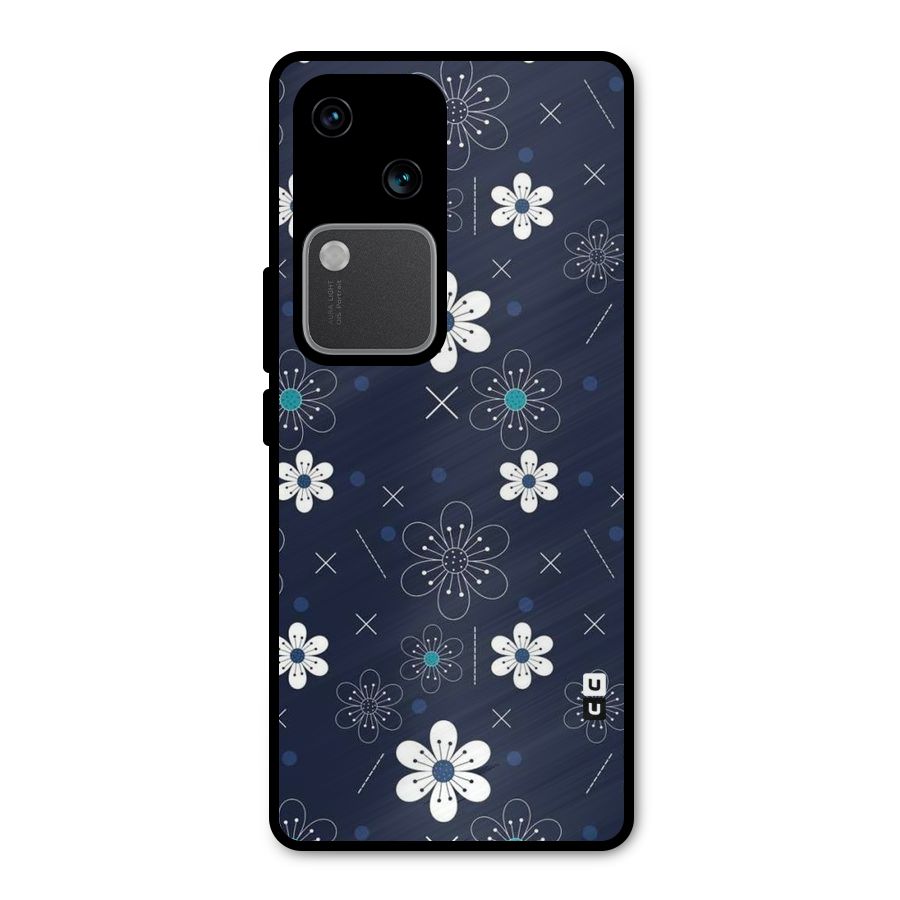 White Floral Shapes Metal Back Case for Vivo V30 Pro