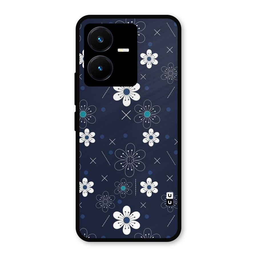 White Floral Shapes Metal Back Case for Vivo Y22