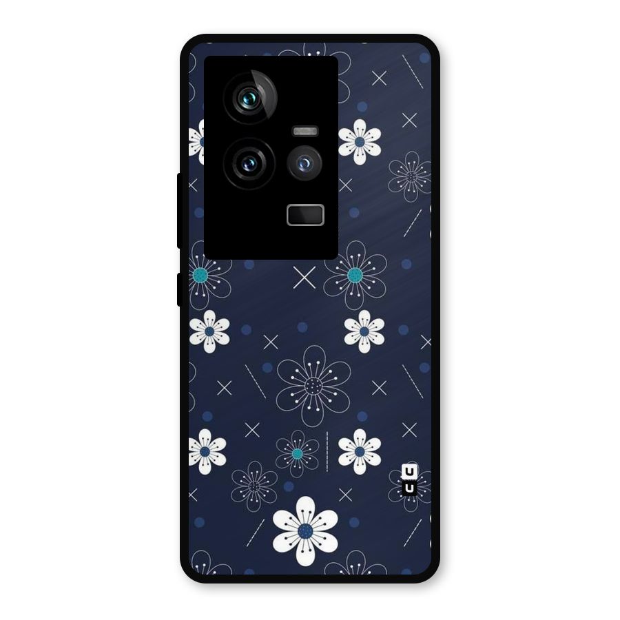 White Floral Shapes Metal Back Case for iQOO 11 5G