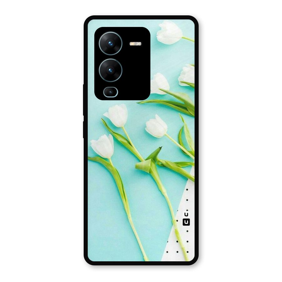 White Tulips Metal Back Case for Vivo V25 Pro