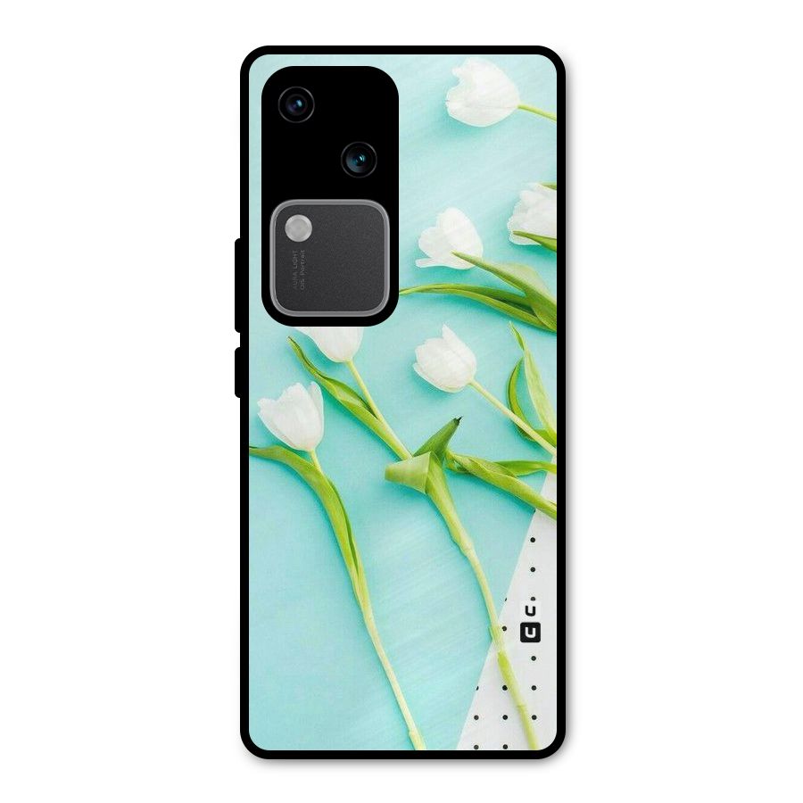 White Tulips Metal Back Case for Vivo V30 Pro