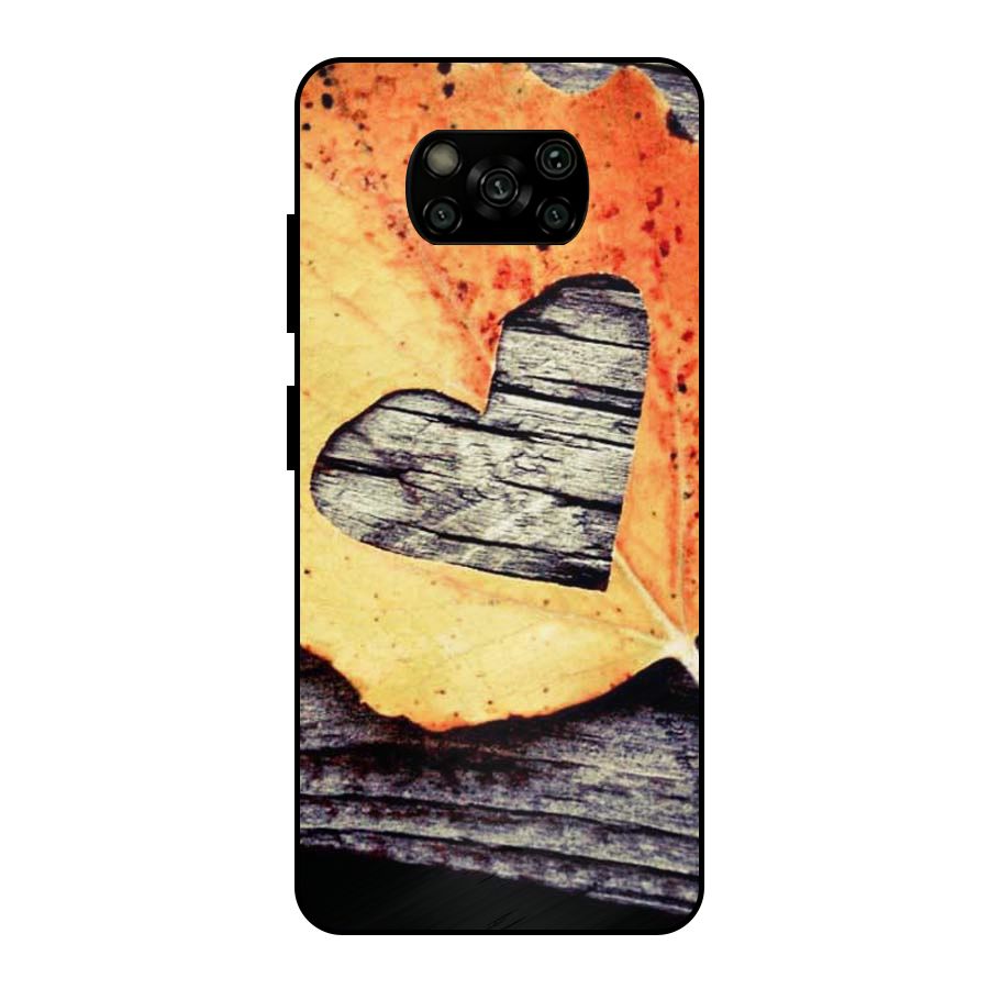 Wood Heart Leaf Metal Back Case for Poco X3