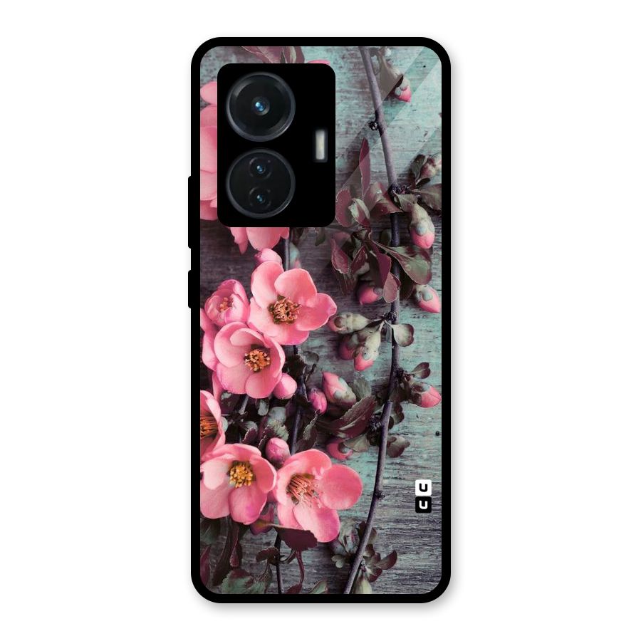 Wooden Floral Pink Glass Back Case for Vivo T1 44W
