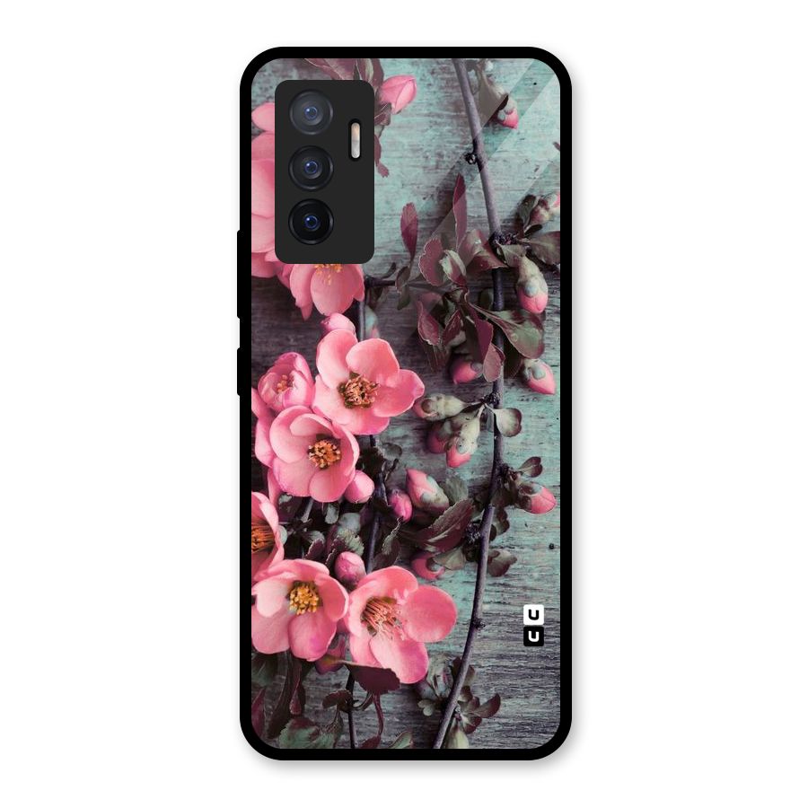 Wooden Floral Pink Glass Back Case for Vivo V23e
