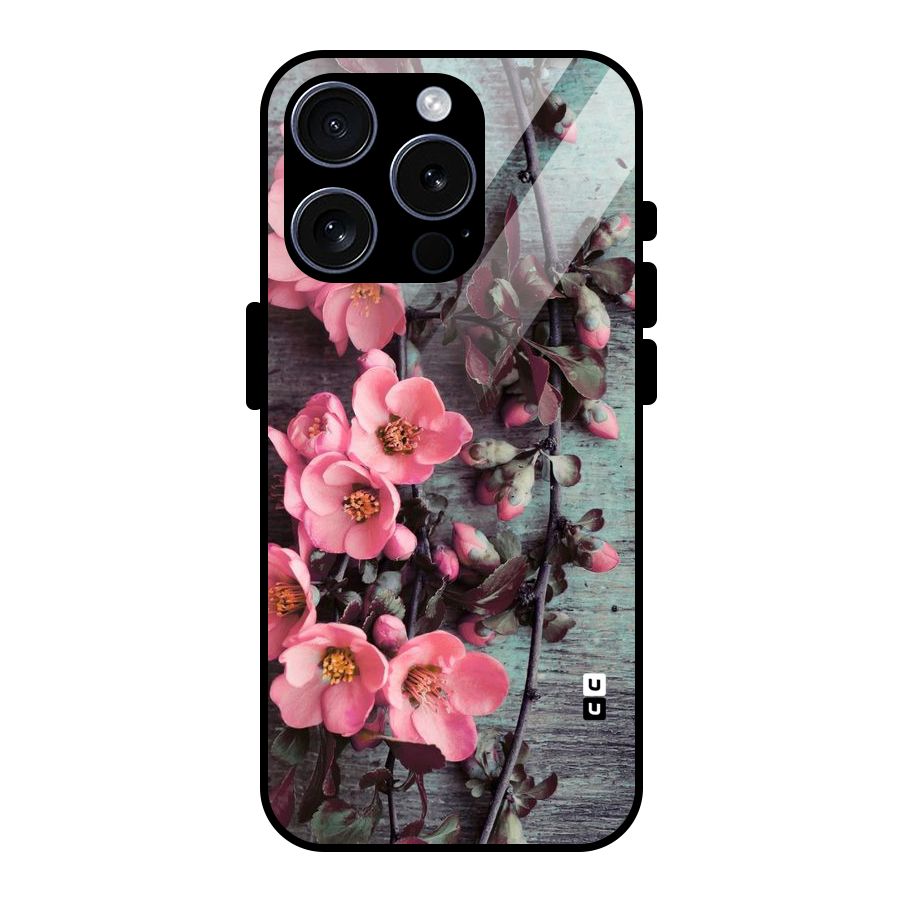 Wooden Floral Pink Glass Back Case for iPhone 15 Pro