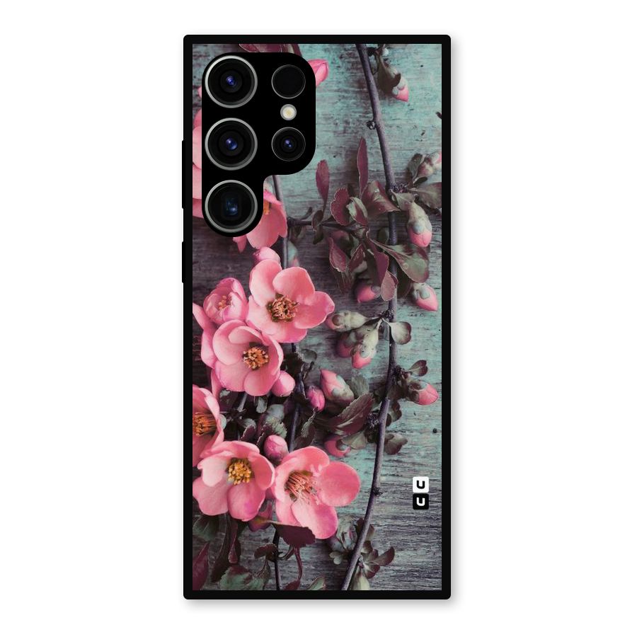 Wooden Floral Pink Metal Back Case for Galaxy S23 Ultra