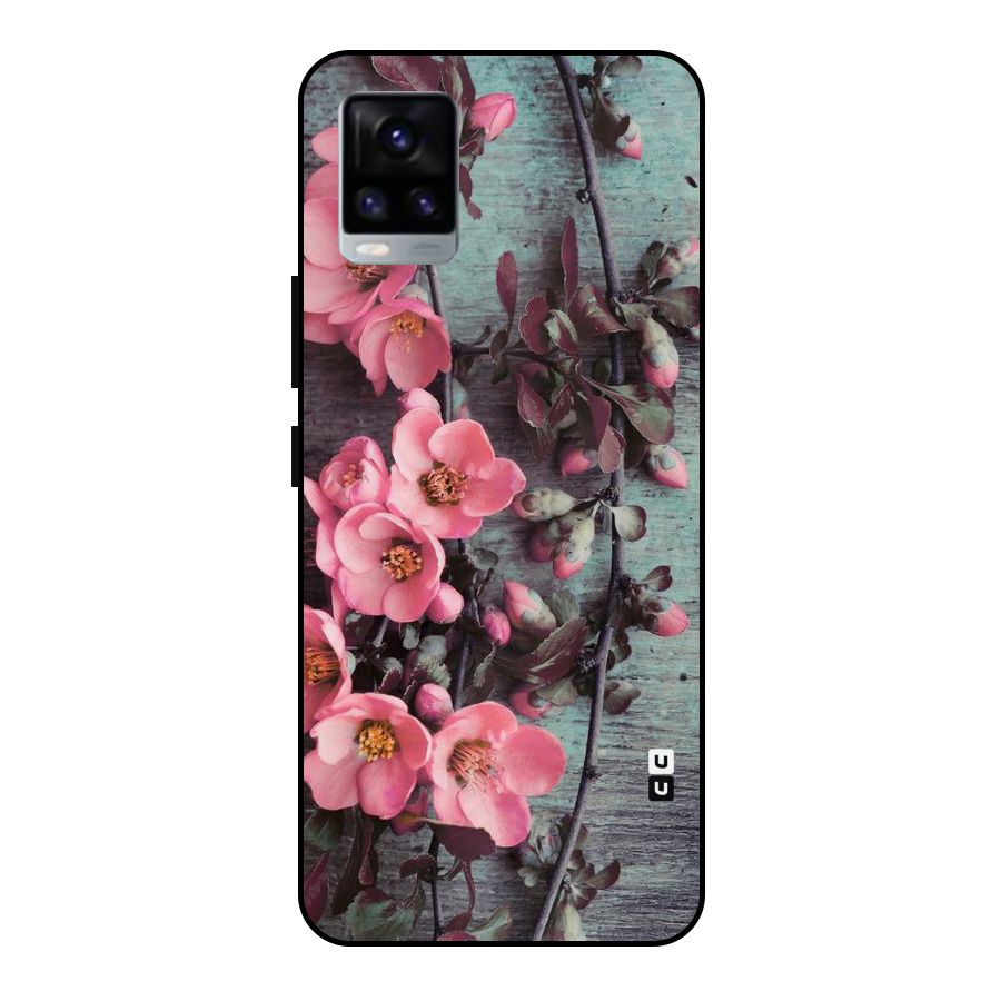 Wooden Floral Pink Metal Back Case for Vivo V20 2021