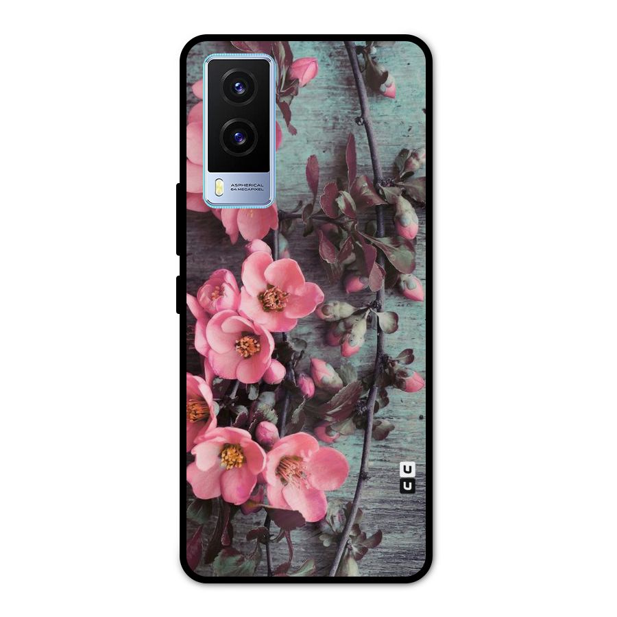 Wooden Floral Pink Metal Back Case for Vivo V21e 5G
