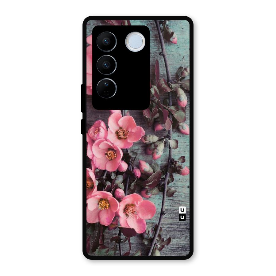 Wooden Floral Pink Metal Back Case for Vivo V27