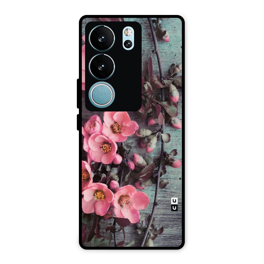 Wooden Floral Pink Metal Back Case for Vivo V29 Pro
