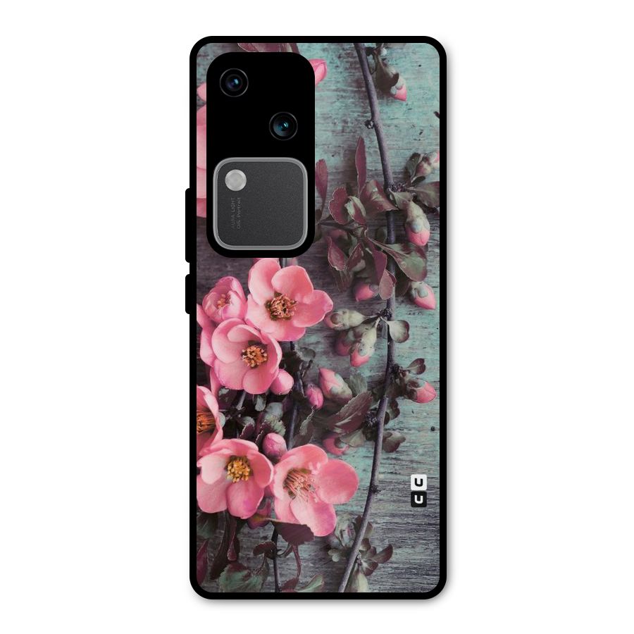 Wooden Floral Pink Metal Back Case for Vivo V30 Pro