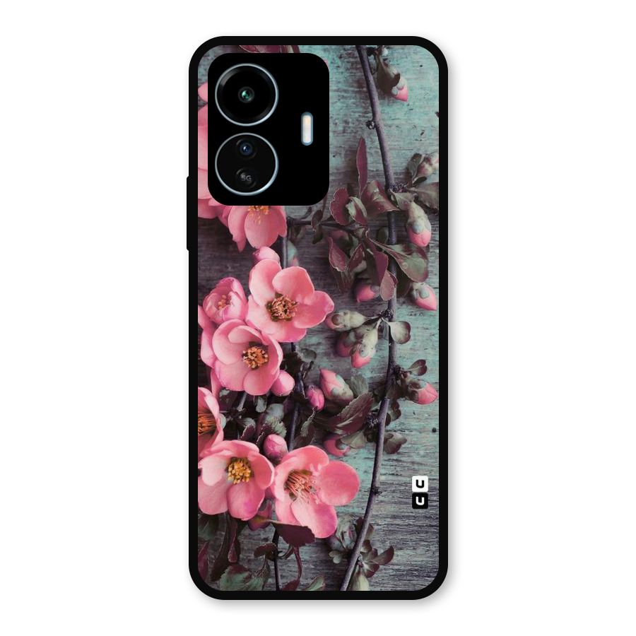 Wooden Floral Pink Metal Back Case for vivo iQOO Z6 Lite 5G