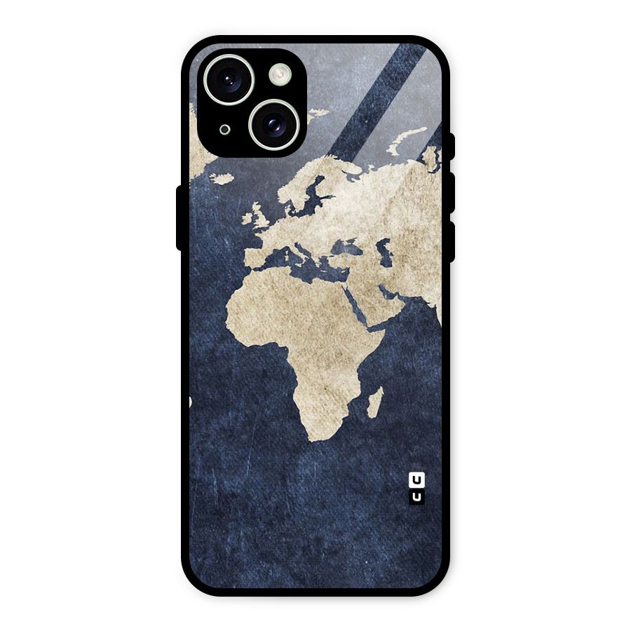 World Map Blue Gold Glass Back Case for iPhone 15 Plus