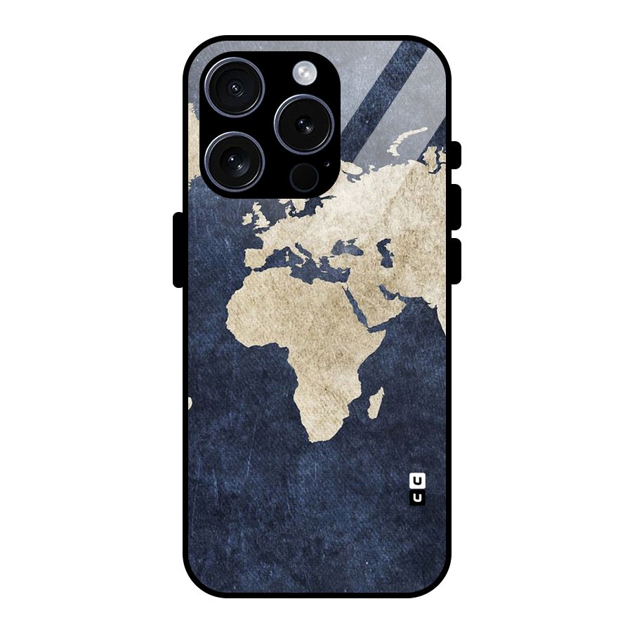 World Map Blue Gold Glass Back Case for iPhone 15 Pro
