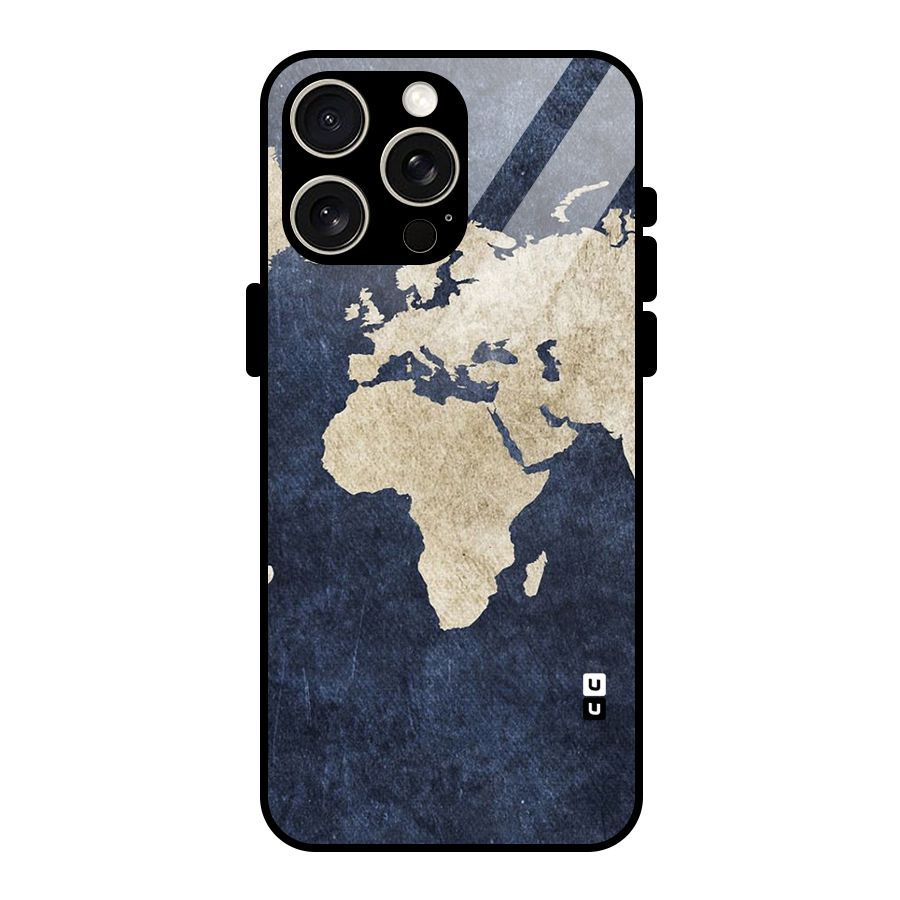 World Map Blue Gold Glass Back Case for iPhone 15 Pro Max