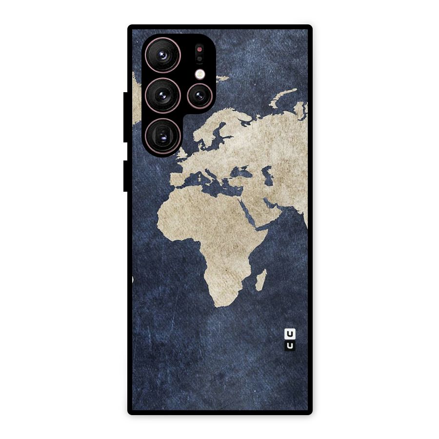 World Map Blue Gold Metal Back Case for Galaxy S22 Ultra 5G