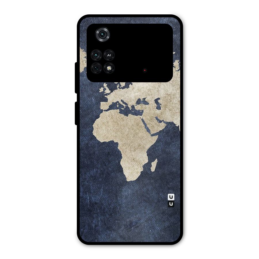 World Map Blue Gold Metal Back Case for Poco M4 Pro 4G