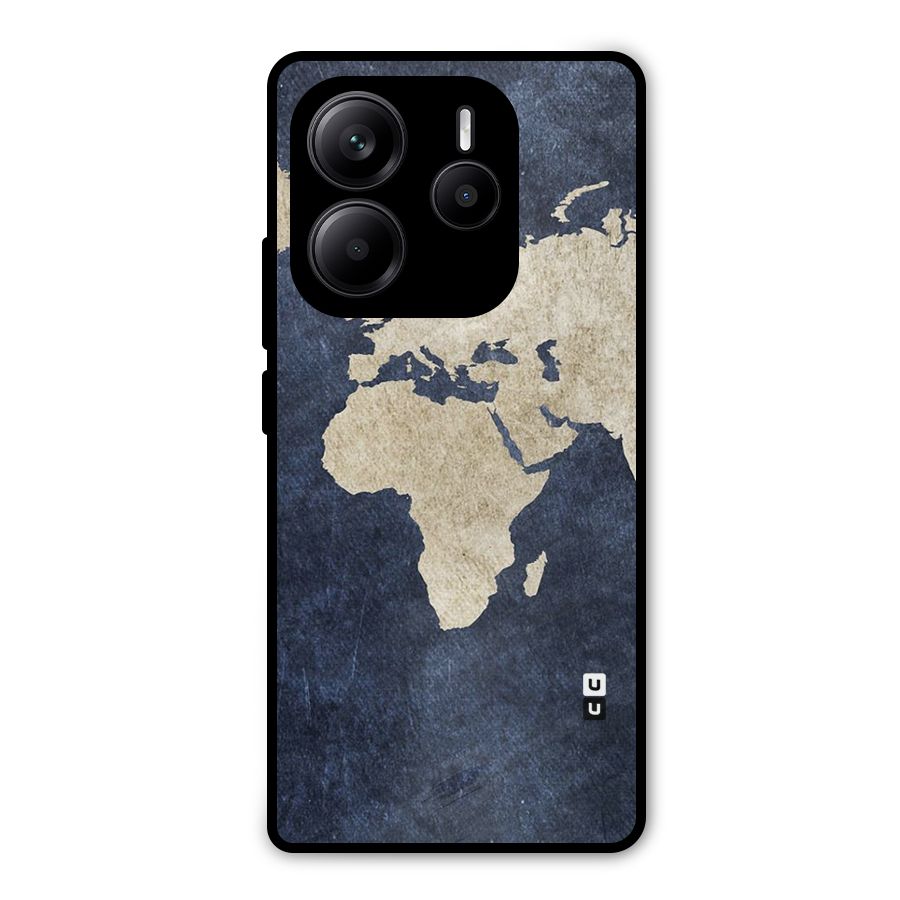 World Map Blue Gold Metal Back Case for Redmi Note 14 5G