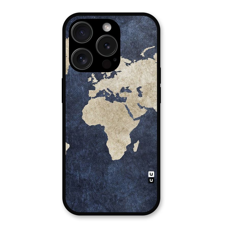 World Map Blue Gold Metal Back Case for iPhone 15 Pro