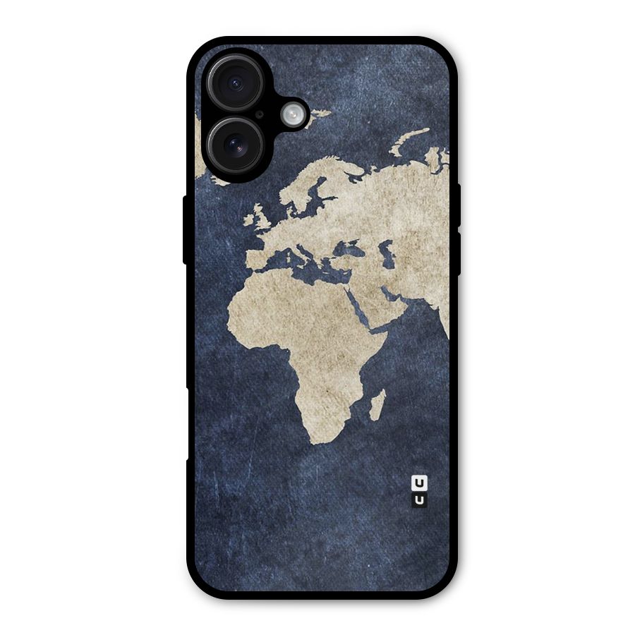 World Map Blue Gold Metal Back Case for iPhone 16 Plus