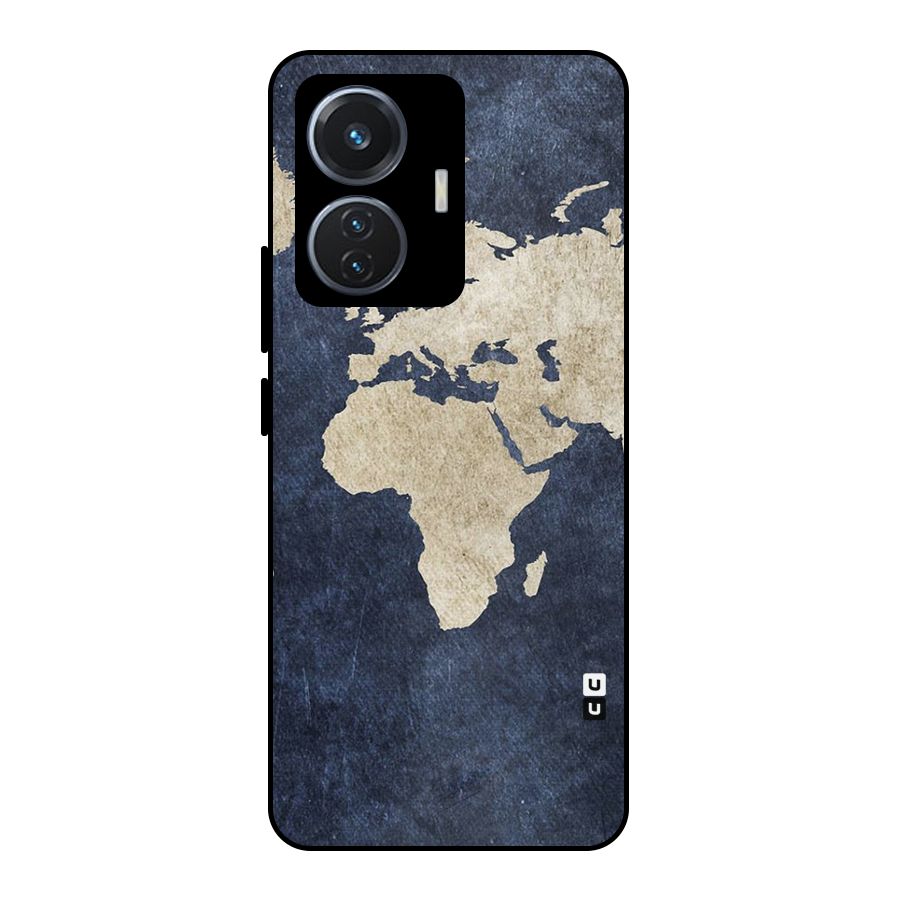 World Map Blue Gold Metal Back Case for iQOO Z6 44W