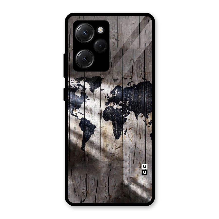 World Map Wood Design Glass Back Case for Poco X5 Pro