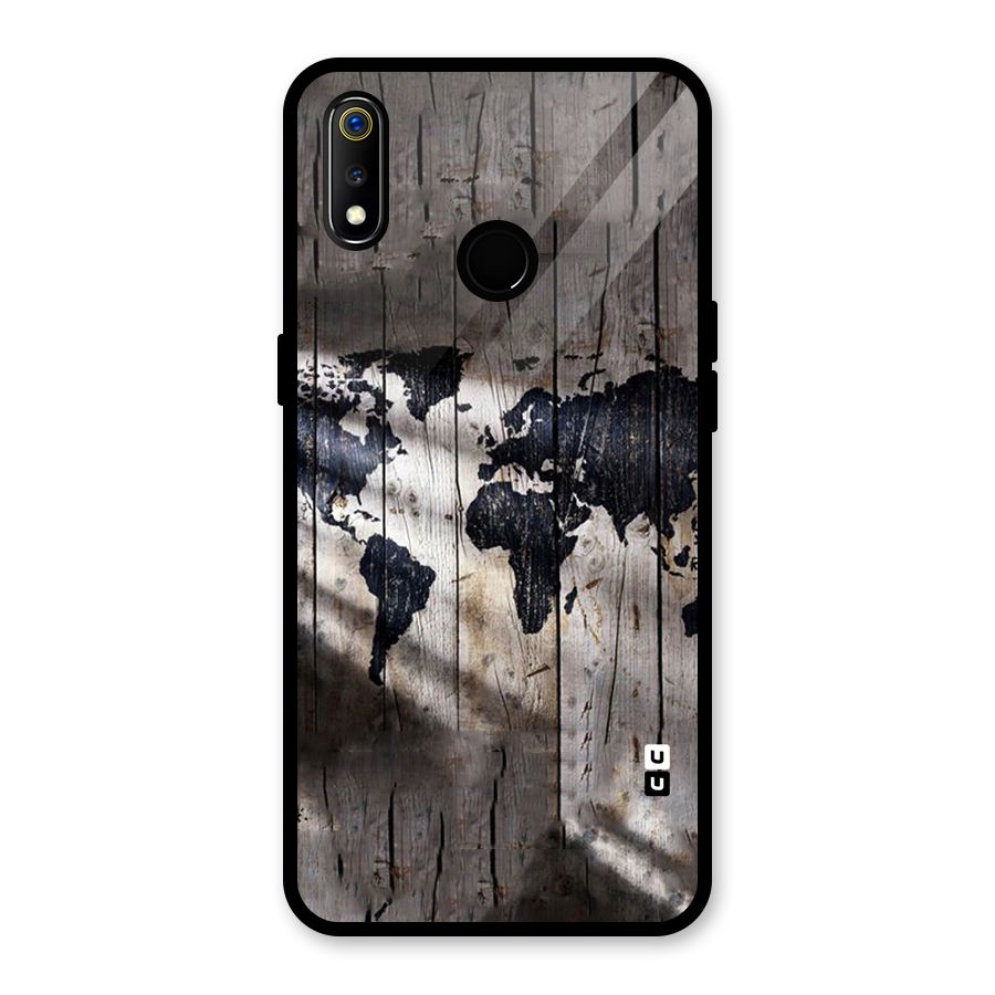 World Map Wood Design Glass Back Case for Realme 3i