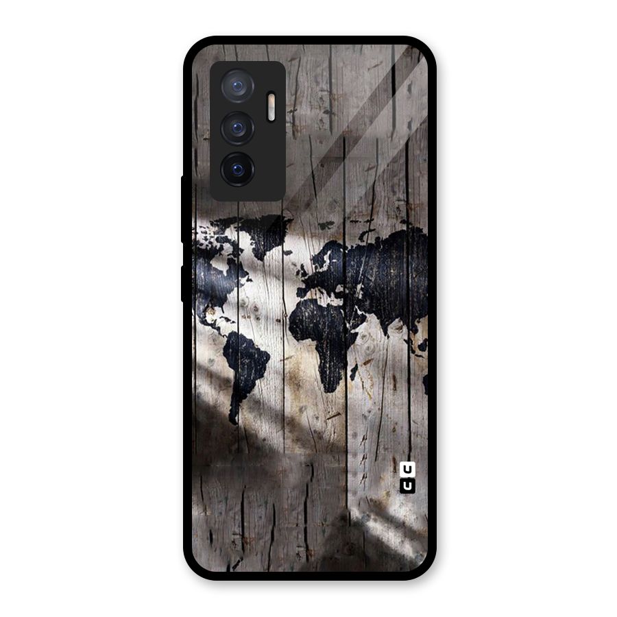 World Map Wood Design Glass Back Case for Vivo V23e