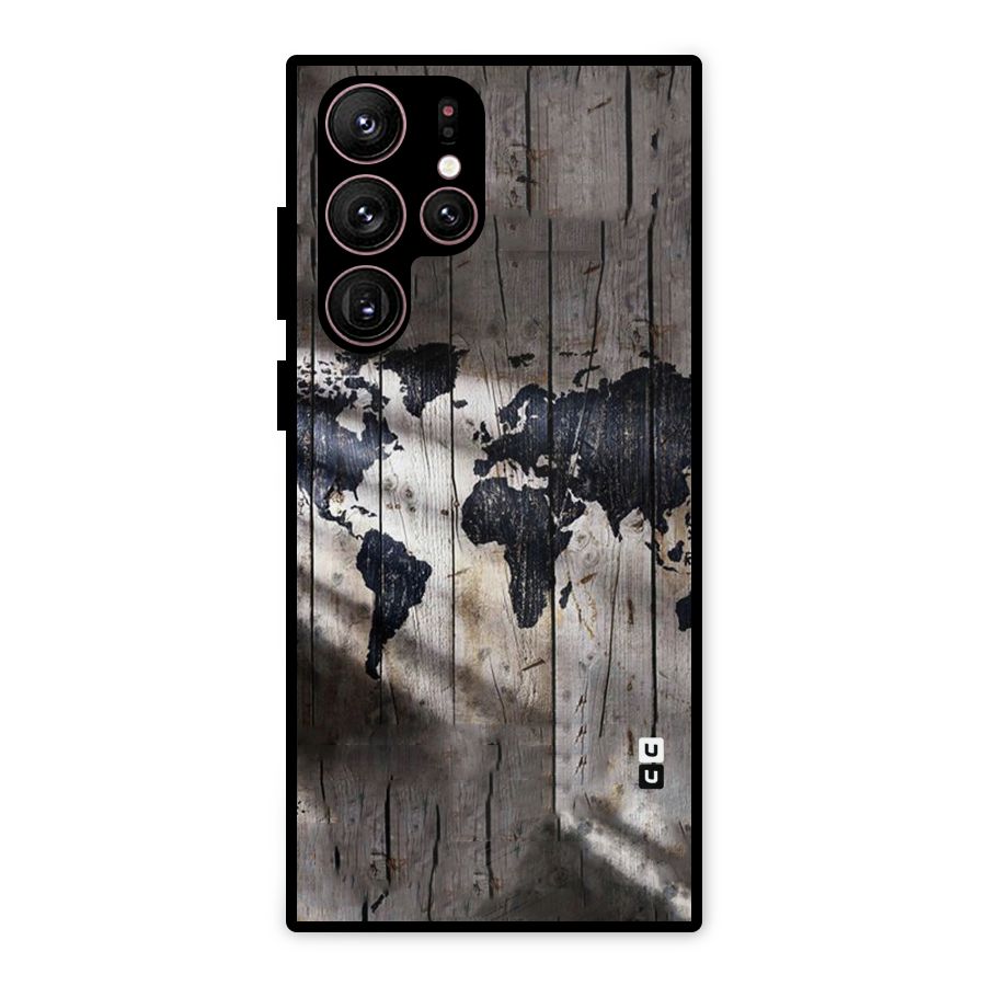 World Map Wood Design Metal Back Case for Galaxy S22 Ultra 5G