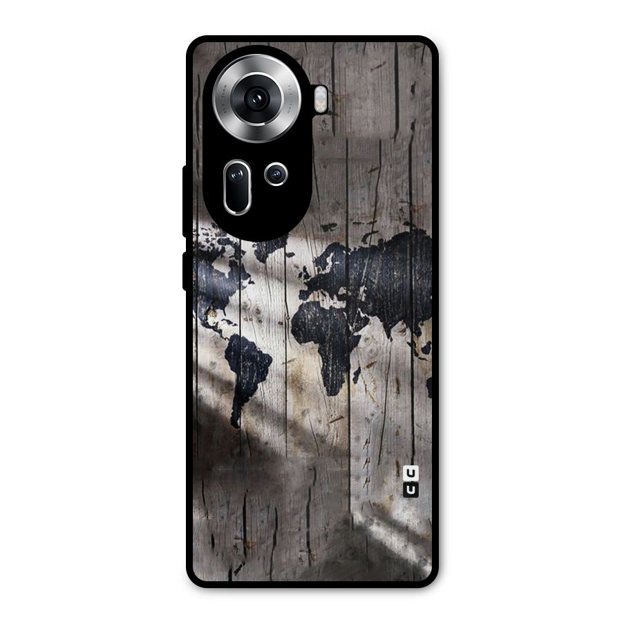 World Map Wood Design Metal Back Case for Oppo Reno11 5G