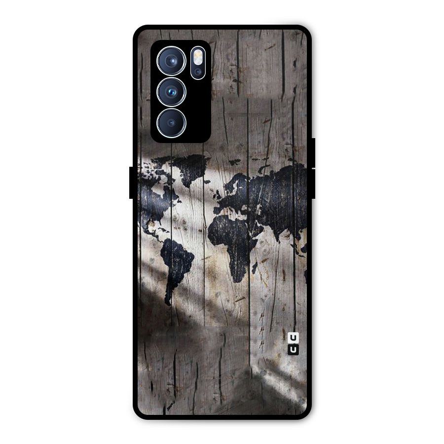 World Map Wood Design Metal Back Case for Oppo Reno6 Pro 5G