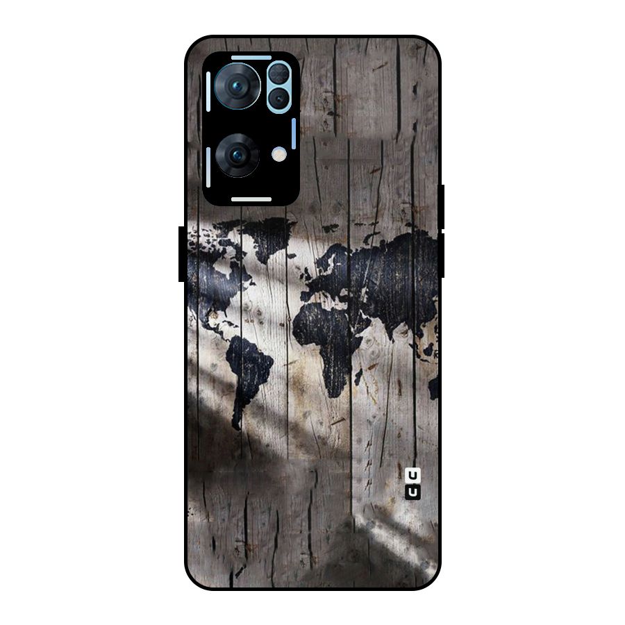 World Map Wood Design Metal Back Case for Oppo Reno7 Pro 5G