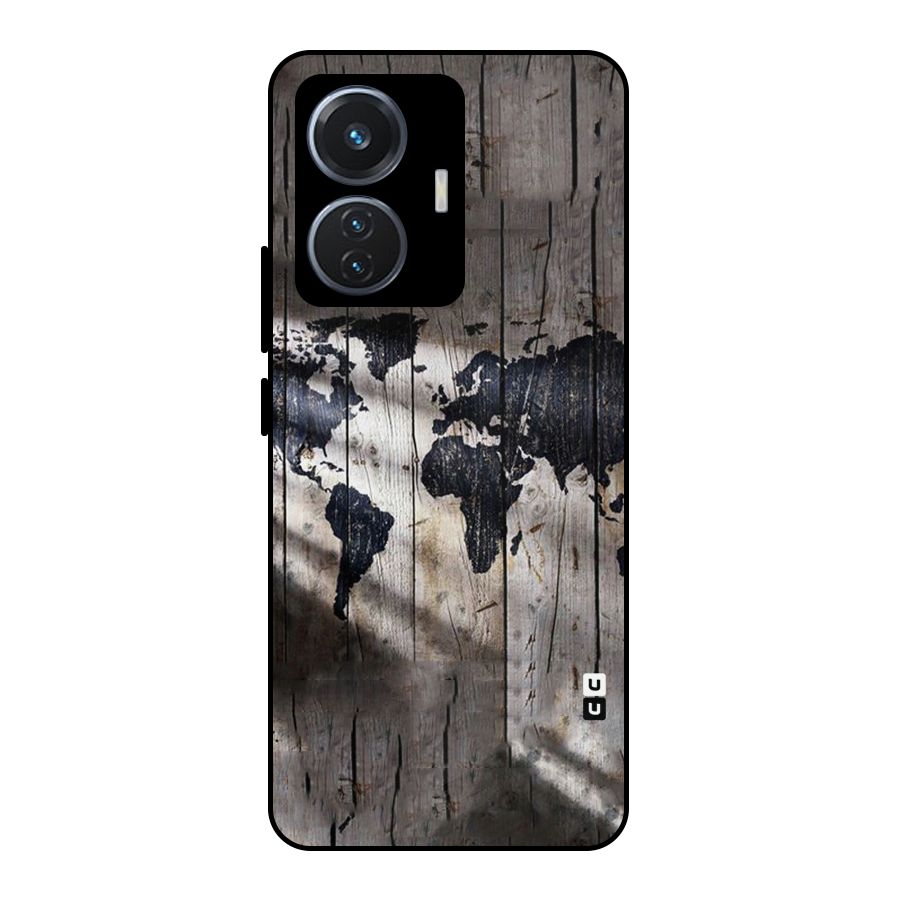 World Map Wood Design Metal Back Case for Vivo T1 44W