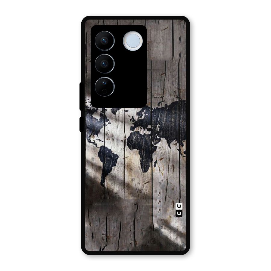 World Map Wood Design Metal Back Case for Vivo V27 Pro