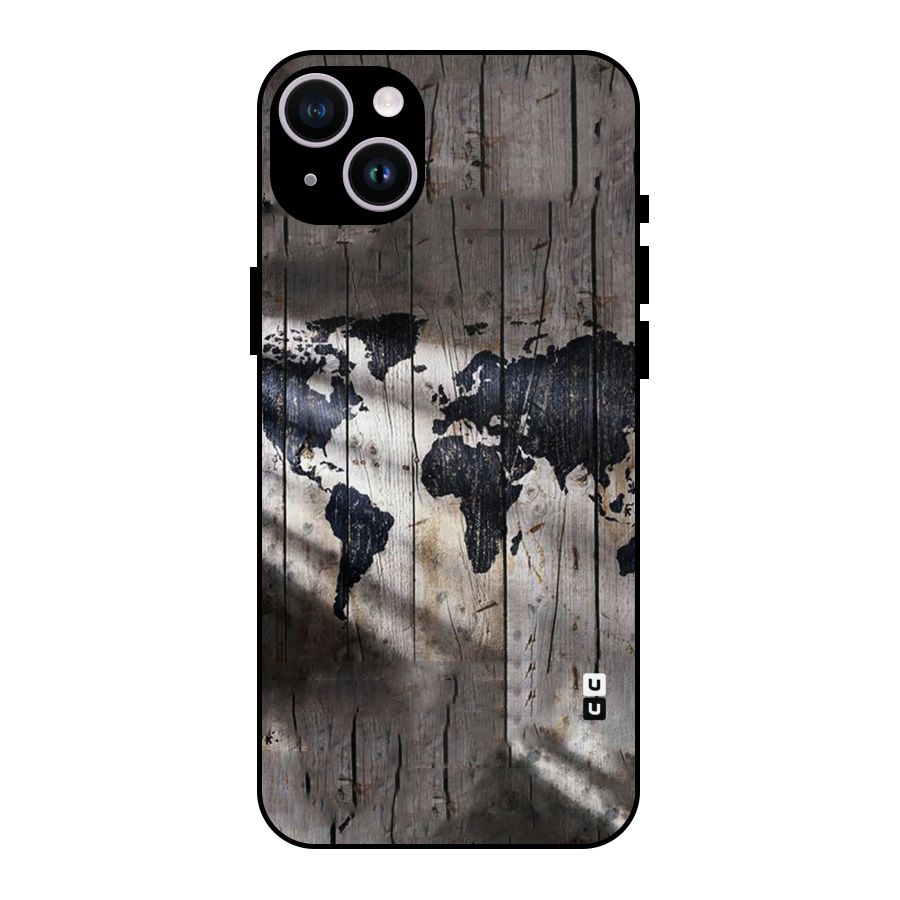 World Map Wood Design Metal Back Case for iPhone 14 Plus
