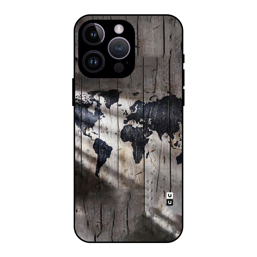World Map Wood Design Metal Back Case for iPhone 14 Pro Max