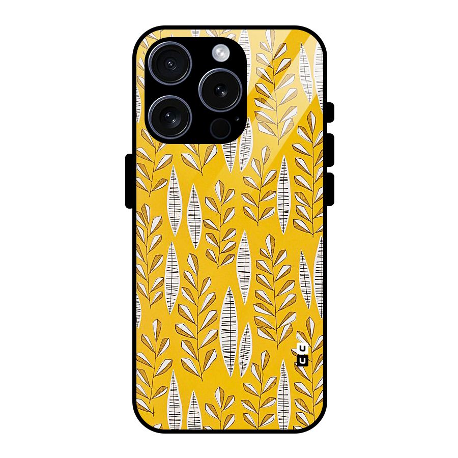 Yellow Leaf Pattern Glass Back Case for iPhone 15 Pro