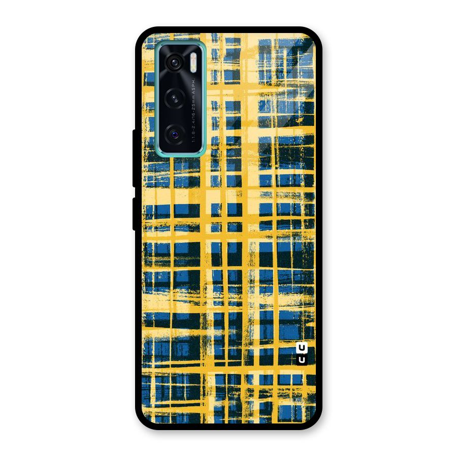 Yellow Rugged Check Design Glass Back Case for Vivo V20 SE