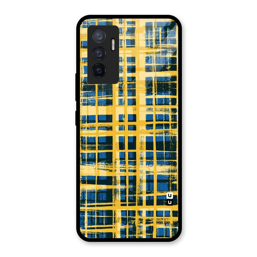 Yellow Rugged Check Design Glass Back Case for Vivo V23e