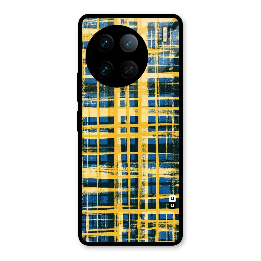 Yellow Rugged Check Design Glass Back Case for Vivo X90 Pro