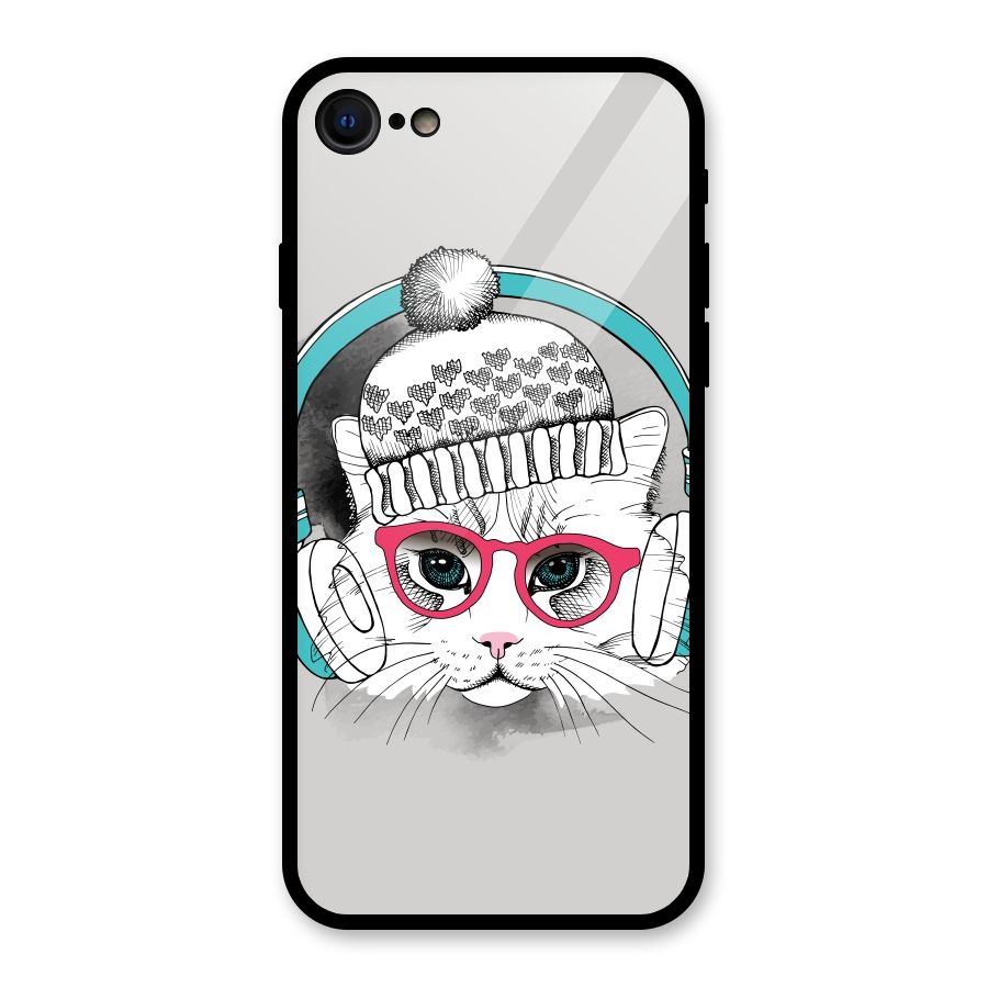 Cat Headphones Glass Back Case for iPhone 8