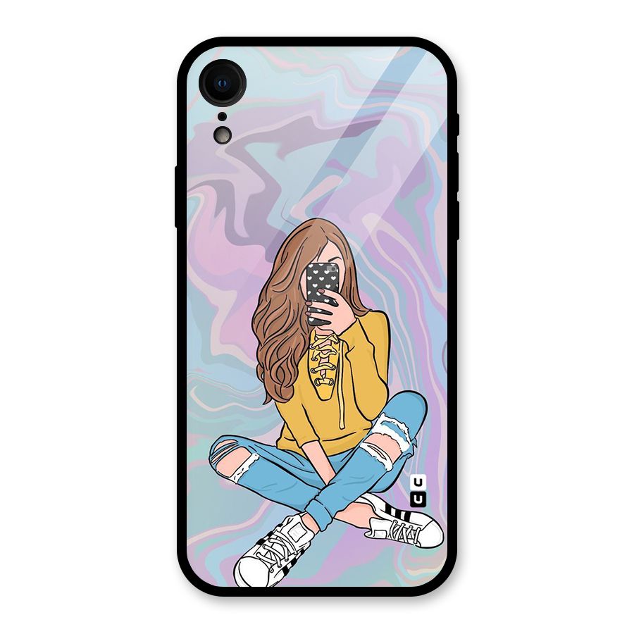 Selfie Girl Illustration Glass Back Case for iPhone XR